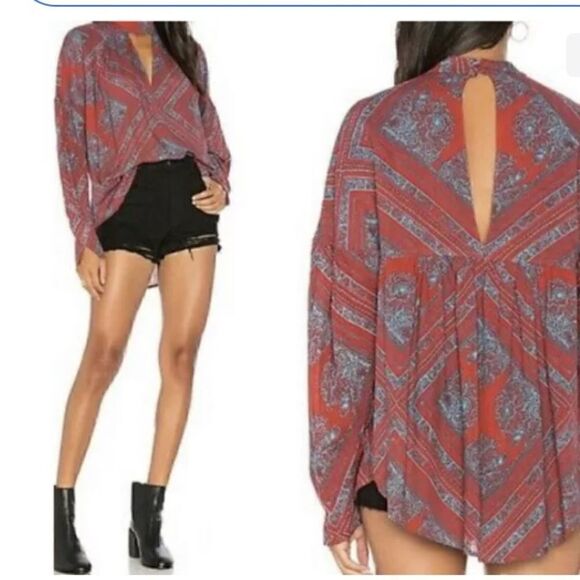 Free People Womens XS Top Walking On A Dream Tunic Red Blouse Floral Choker 401 - Picture 4 of 8